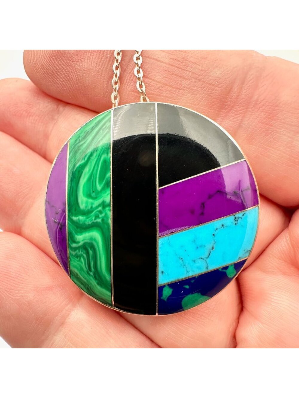 Mexico Womens Necklace Sterling Silver Multi Gemstone Inlay Pendant